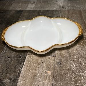 Vtg Fire King Oven Ware Divided Milk Glass Dish Gold Hobnail Edging Midcentury